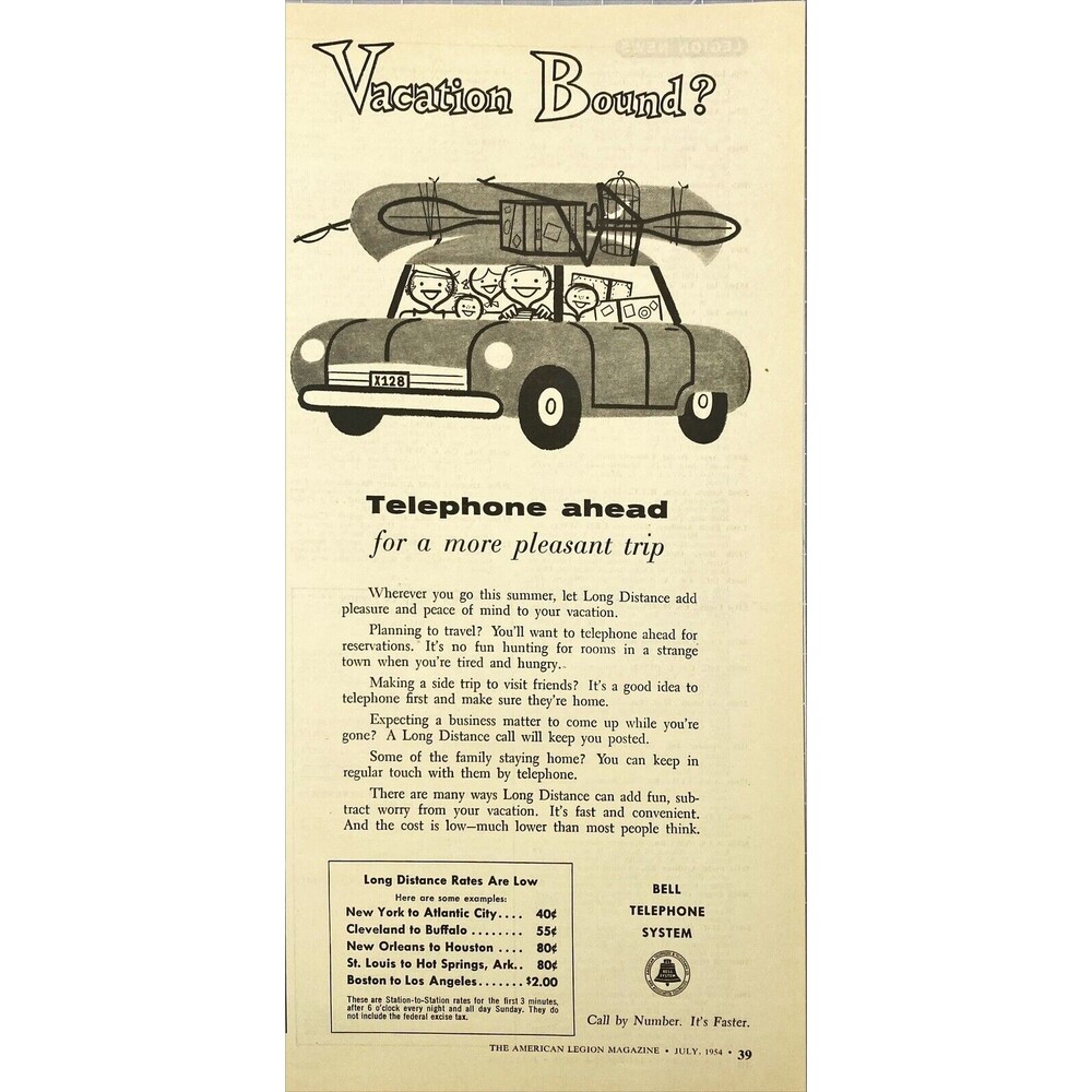 Bell Telephone System "Vacation Bound? Let Long Distance Help" Vtg Print Ad 1954